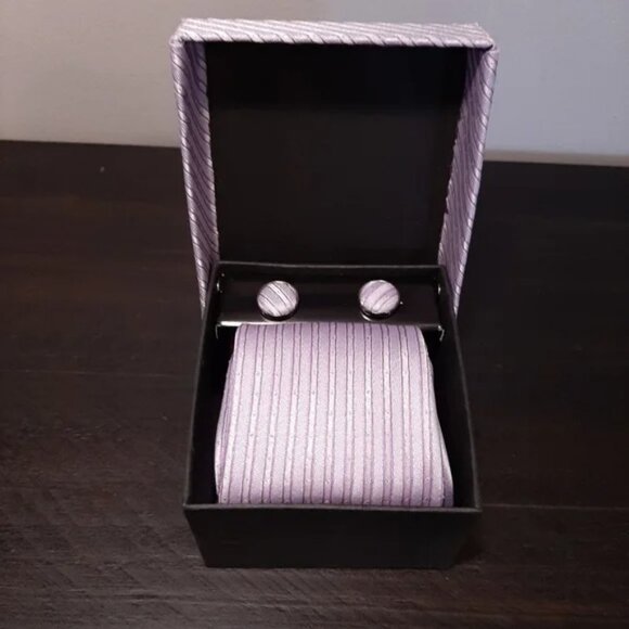 NEW 3-Pc Boxed Gift Tie Set Coordinated Print Cuff Links Hankerchief Hand Sewn - Picture 4 of 4